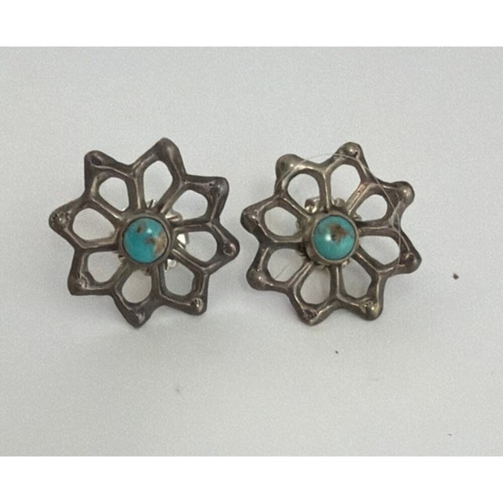 VINTAGE NAVAJO INDIAN SILVER SANDCAST TURQUOISE PIERCED EARRINGS